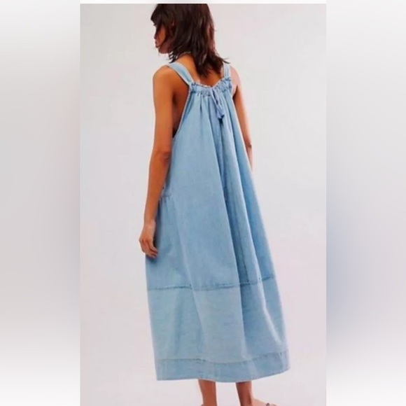 Free People Machu Barrel Midi Maxi Dress Denim Pockets Chambray Blue - Picture 6 of 6